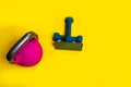 Space kettlebell phone dumbbells yellow lue isolated iron cast, from lifting bodybuilding for equipment and lifestyle Royalty Free Stock Photo