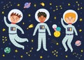 Space kids in suits and helmets. Cute children astronauts and planets collection