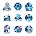 Space labels collection. Badges spaceship rocket astronaut