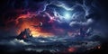 Space landscape alien planet. Exploding galaxy with meteors and clouds. Alien world horizon.