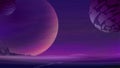 Space landscape with large planets on purple starry sky and City on horizon nature on another planet. Vector illustration