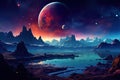 Space landscape with planets and stars Space background with planet landscape, stars, satellites and alien planets in sky Royalty Free Stock Photo