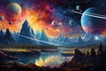 Space landscape with planets and stars Space background with planet landscape, stars, satellites and alien planets in sky Royalty Free Stock Photo