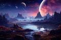 Space landscape with planets and stars Space background with planet landscape, stars, satellites and alien planets in sky Royalty Free Stock Photo