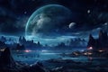 Space landscape with planets and stars Space background with planet landscape, stars, satellites and alien planets in sky Royalty Free Stock Photo