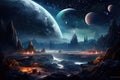 Space landscape with planets and stars Space background with planet landscape, stars, satellites and alien planets in sky Royalty Free Stock Photo