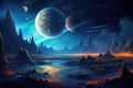 Space landscape with planets and stars Space background with planet landscape, stars, satellites and alien planets in sky Royalty Free Stock Photo