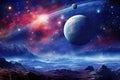 Space landscape with planets and stars Space background with planet landscape, stars, satellites and alien planets in sky Royalty Free Stock Photo