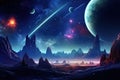 Space landscape with planets and stars Space background with planet landscape, stars, satellites and alien planets in sky Royalty Free Stock Photo