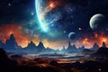 Space landscape with planets and stars Space background with planet landscape, stars, satellites and alien planets in sky Royalty Free Stock Photo