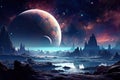 Space landscape with planets and stars Space background with planet landscape, stars, satellites and alien planets in sky Royalty Free Stock Photo