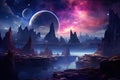 Space landscape with planets and stars Space background with planet landscape, stars, satellites and alien planets in sky Royalty Free Stock Photo