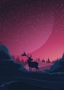 Space landscape in purple tones, nature on another planet and silhouette of a deer. Vector illustration