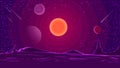 Space landscape with sunset on purple sky, nature on another planet. Vector illustration