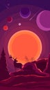 Space landscape with sunset and silhouette of a deer in purple tones, nature on another planet. Vector illustration