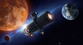 In space a large cylindrical telescope floats between two planets Royalty Free Stock Photo