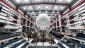 Space launch preparation. Spaceship SpaceX Crew Dragon, atop the Falcon 9 rocket, inside the hangar , just before