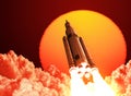 Space Launch System Takes Off On The Background Of Sunrise