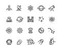 Space line icons. Cosmic astronomy galaxy astronaut rocket launch meteor space telescope planets and stars. Cosmos