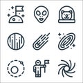 space line icons. linear set. quality vector line set such as milky way, astronaut, orbit, galaxy, meteorite, uranus, cat, alien