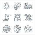 space line icons. linear set. quality vector line set such as galaxy, moon and stars, jupiter, satellite, astronaut, antenna,