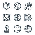Space line icons. linear set. quality vector line set such as mercury, moon craters, space capsule, earth, planet, research, earth
