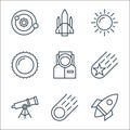 space line icons. linear set. quality vector line set such as rocket, comet, telescope, falling star, astronaut, sun, sun,