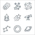 Space line icons. linear set. quality vector line set such as saturn, sun, constellation, telescope, star, spacecraft, spiral