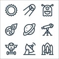 Space line icons. linear set. quality vector line set such as spaceship, satellite dish, space robot, telescope, saturn, asteroid Royalty Free Stock Photo