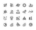 Space line icons. Planets and stars infographic elements with astronaut alien rocket and other astronomy and cosmos