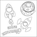 Space lion or astronaut in a space suit with cartoon style, funny little space explorer. Creative vector Childish design for kids Royalty Free Stock Photo