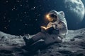 Space literature Astronaut immersed in reading on the moons surface