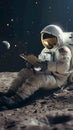 Space literature Astronaut immersed in reading on the moons surface