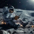 Space literature Astronaut immersed in reading on the moons surface