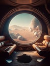 A space living room filled with two brown leather sofas and a round window overlooking a desert planet. AI generated, AI Royalty Free Stock Photo