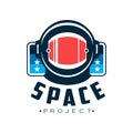 Space logo with astronaut`s protective helmet. Cosmic travel emblem with inscription. Flat vector design for scientific