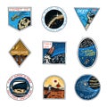 Space logo. Exploration of the astronomical galaxy. Mission Mars. Astronaut or spaceman adventure. Planets and