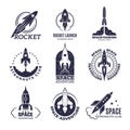 Space logotypes. Rockets and flight shuttle moon discovery business retro badges vector monochrome pictures