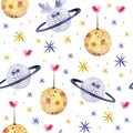 Space love watercolor seamless pattern