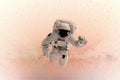 Space man flies in zero gravity on a pink background with stars. concept of travel in space Royalty Free Stock Photo