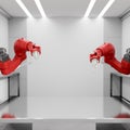 A space on a metallic table surface with red robotic arms surrounding it in a modern factory