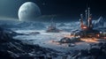 Space mining base operation on the moon surface, with planet Earth in the distance.ai generative