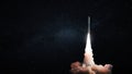 Space modern technology rocket with smoke and blast takes off to the night starry sky. Travel and space exploration, creative idea