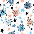 Space monsters with big eyes, open mouth and stars background