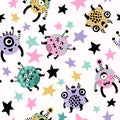 Space monsters with big eyes, open mouth and stars background