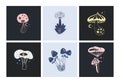 Space mushrooms poster set. Hand drawn line pastel colored mushroom collection. Cosmos, magic or forest doodle plants, fantastic