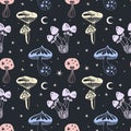 Space mushrooms seamless pattern. Hand drawn line pastel colored mushroom collection. Cosmos, magic or forest doodle plants,