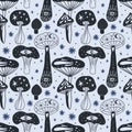 Space mushrooms seamless pattern. Hand drawn line pastel colored mushroom collection. Cosmos, magic or forest doodle plants,