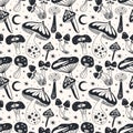 Space mushrooms seamless pattern. Hand drawn line pastel colored mushroom collection. Cosmos, magic or forest doodle plants,