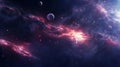 Space nebula planets purple background. Fantastic celestial space landscape.